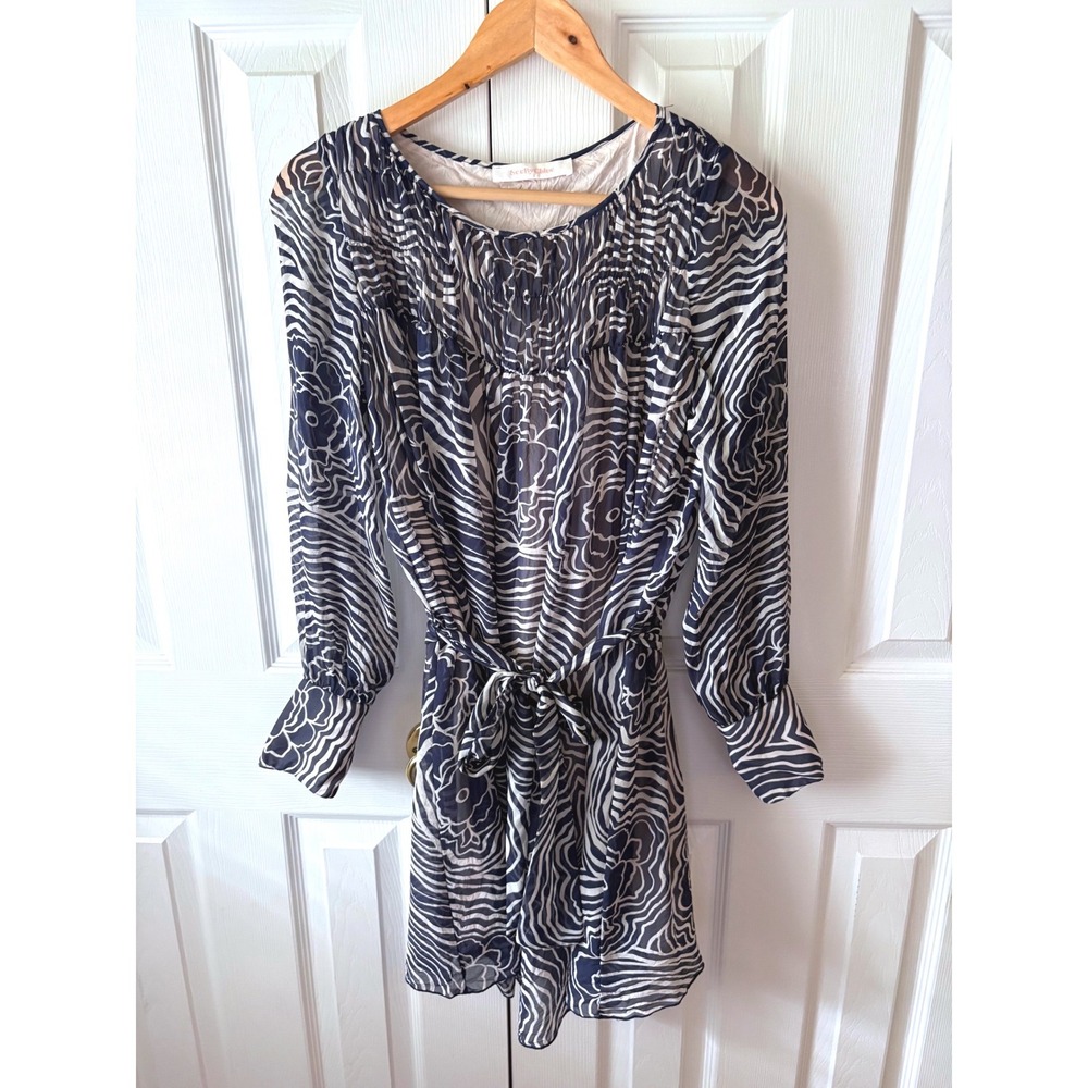 SeeByChloé Blue Cream Zebra Floral Print 100% Silk Mini Dress Kaftan 36 (4 US)